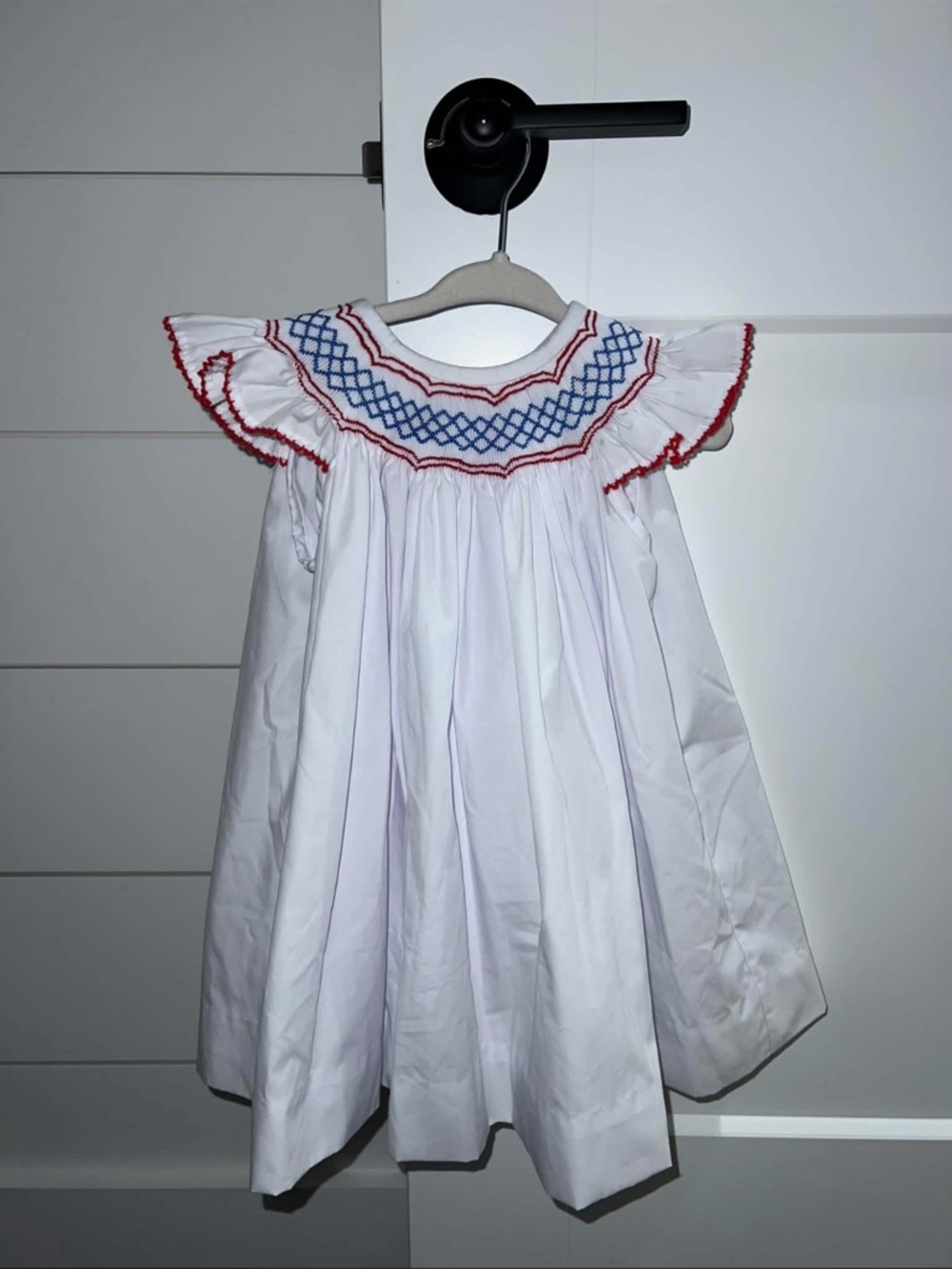The Beaufort Bonnet Company White Dress with Red and Blue Smocking
